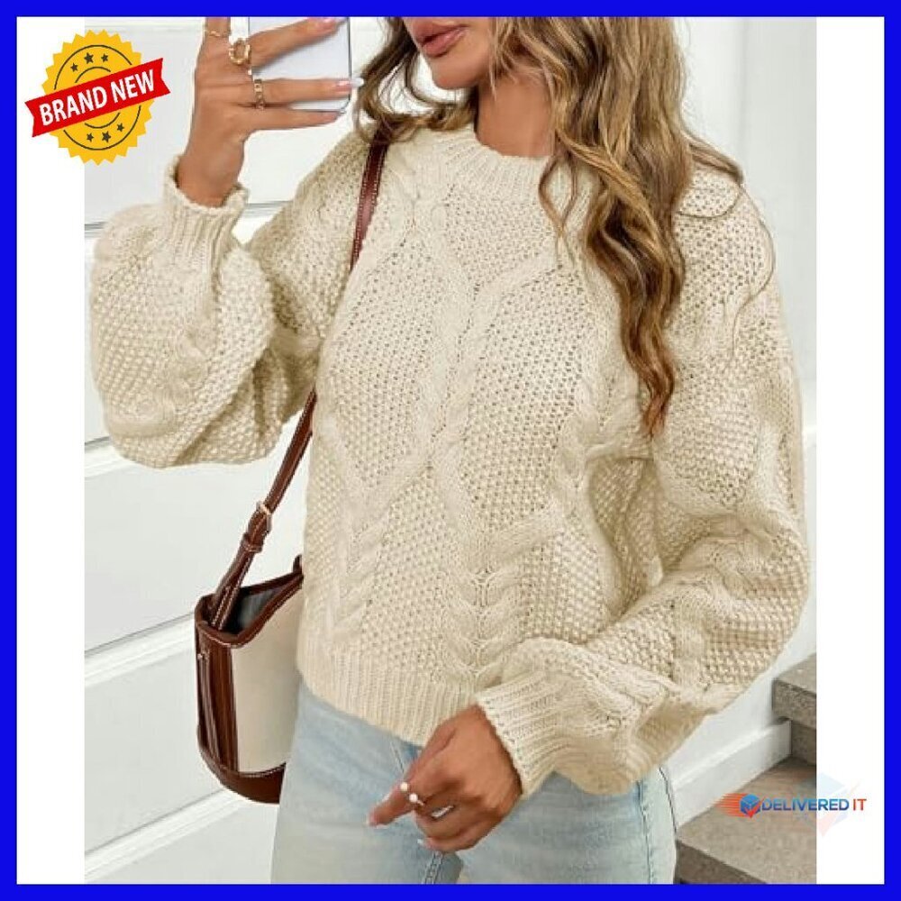 Chunky Cable Knit Cropped Sweater Loose Pullover Long Sleeve Crewneck - Picture 5 of 8